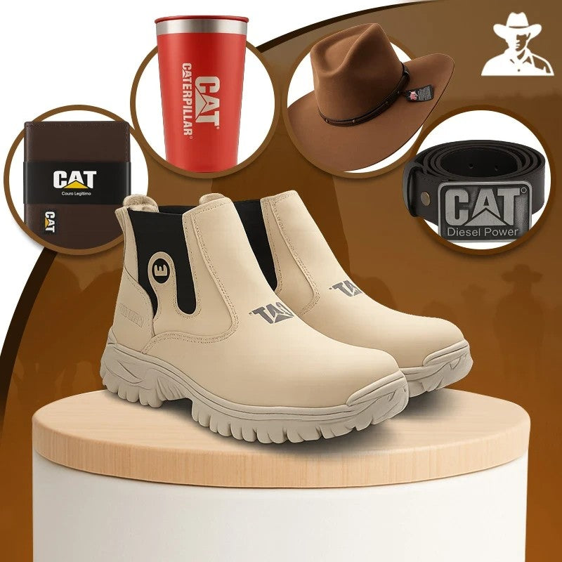 Kit Bota Masculina Adventure em Couro Legítimo e Palmilha Ortopédica +BRINDES: Chapéu, Cinto, Carteira e Copo