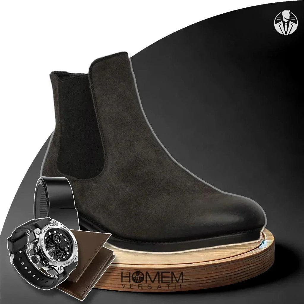 Kit Bota Masculina Chelsea Darex Cano Médio em 100% Couro Bovino + BRINDES: Relógio Tático, Cinto e Carteira