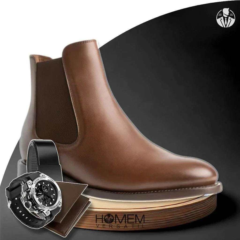 Kit Bota Masculina Chelsea Darex Cano Médio em 100% Couro Bovino + BRINDES: Relógio Tático, Cinto e Carteira