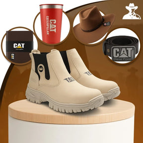 Kit Bota Masculina Adventure em Couro Legítimo e Palmilha Ortopédica +BRINDES: Chapéu, Cinto, Carteira e Copo