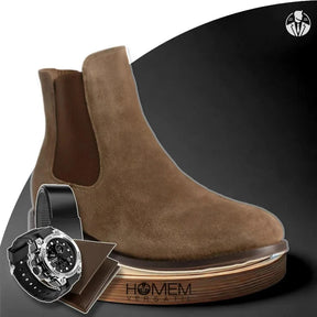 Kit Bota Masculina Chelsea Darex Cano Médio em 100% Couro Bovino + BRINDES: Relógio Tático, Cinto e Carteira