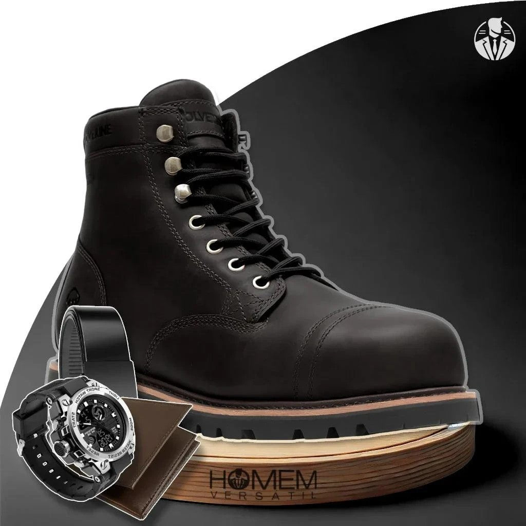 Kit Bota Masculina Norex Cano Médio em 100% Couro Bovino + BRINDES: Relógio Tático, Cinto e Carteira