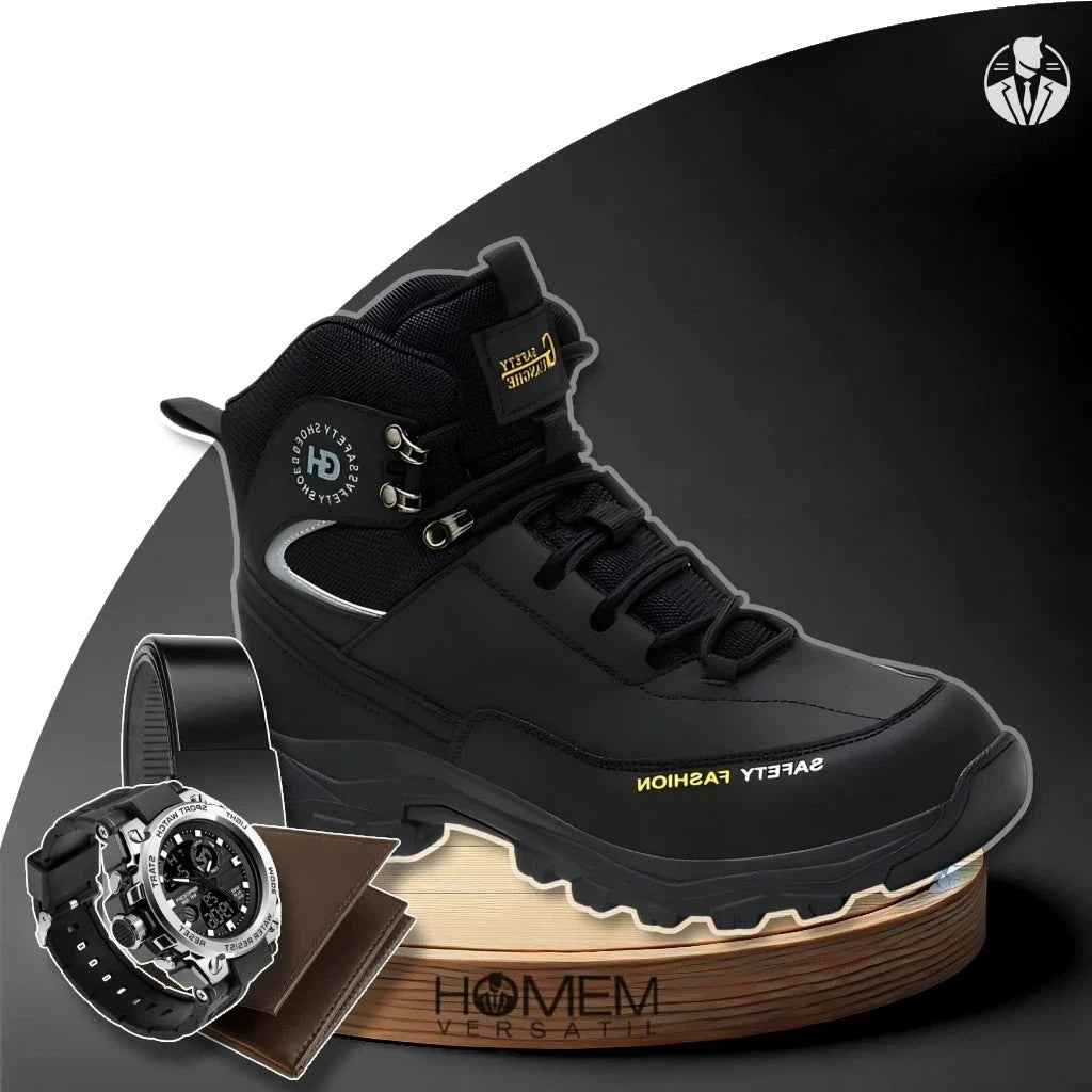Kit Bota Masculina Safety em 100% Couro Legítimo (à Prova D'Água e Antiderrapante) + 3 BRINDES Limitados