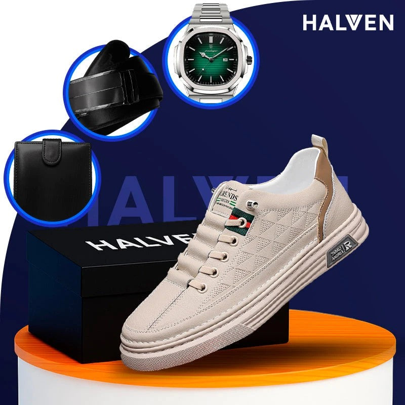 Tênis Casual Ortopédico Masculino Alvion em Couro e Sola Antiderrapante +BRINDES: Relógio, Cinto e Carteira