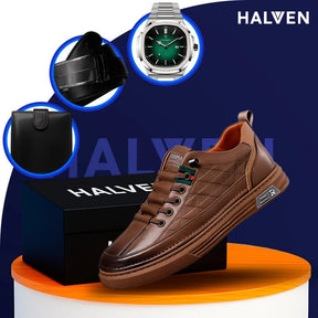 Tênis Casual Ortopédico Masculino Alvion em Couro e Sola Antiderrapante +BRINDES: Relógio, Cinto e Carteira