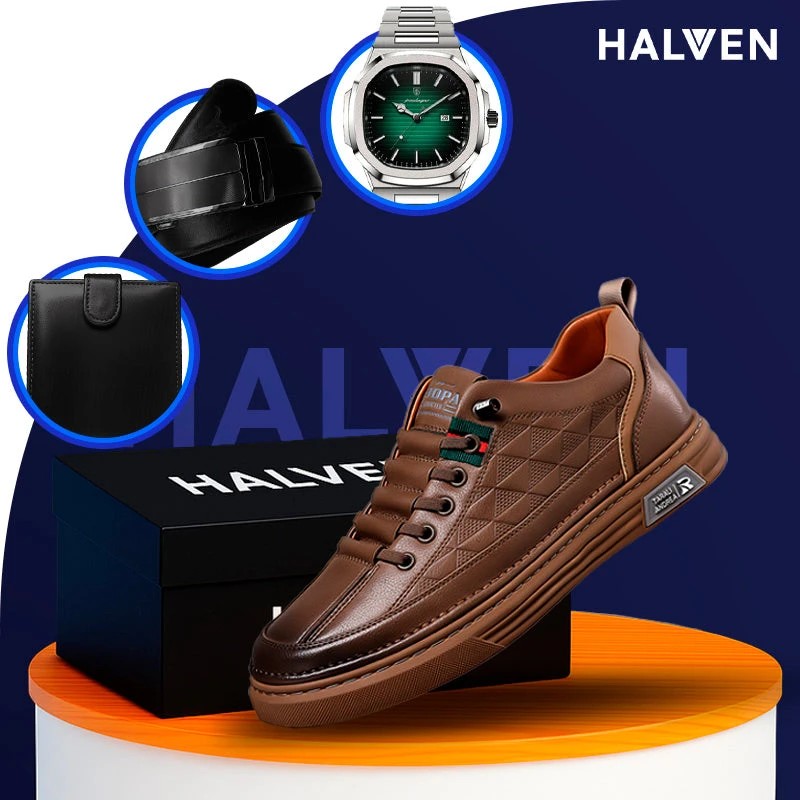 Tênis Casual Ortopédico Masculino Alvion em Couro e Sola Antiderrapante +BRINDES: Relógio, Cinto e Carteira