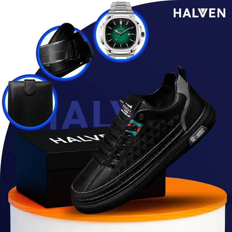 Tênis Casual Ortopédico Masculino Alvion em Couro e Sola Antiderrapante +BRINDES: Relógio, Cinto e Carteira